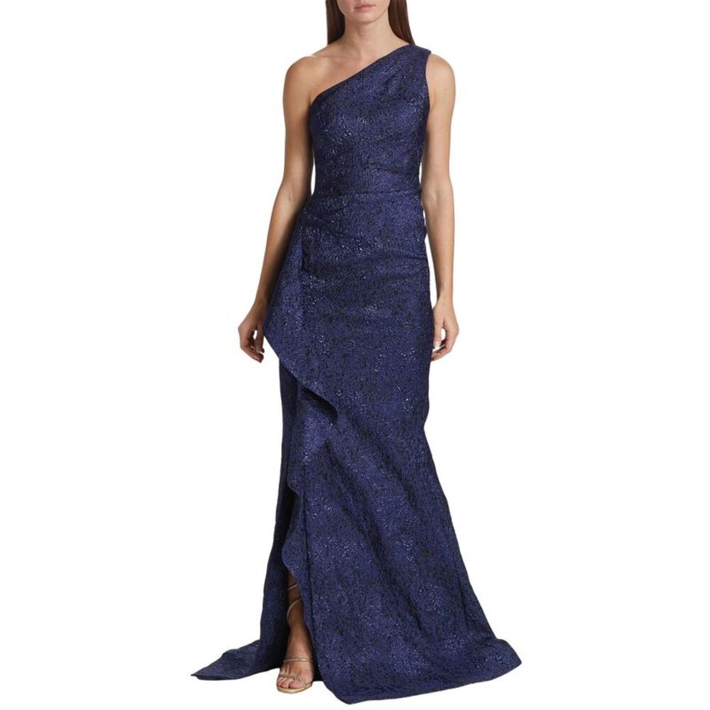 Teri Jon by Rickie Freeman Womens Jacquard One Shoulder Side Ruffle Gown 6 Blue
